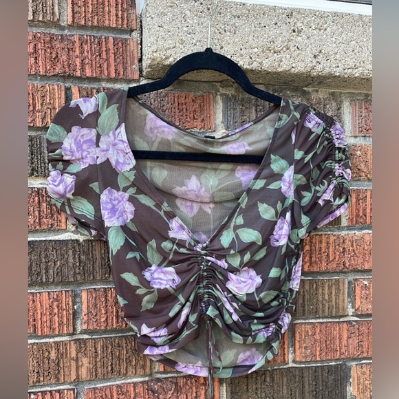 Brown Floral Mesh Crop Top - Picture 2 of 2